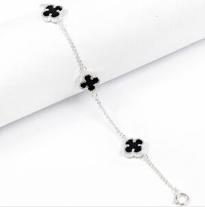 Black Clover Insp. Bracelet 925 Sterling Silver 10mm 4 Flower Adjust. 18.5-22cm